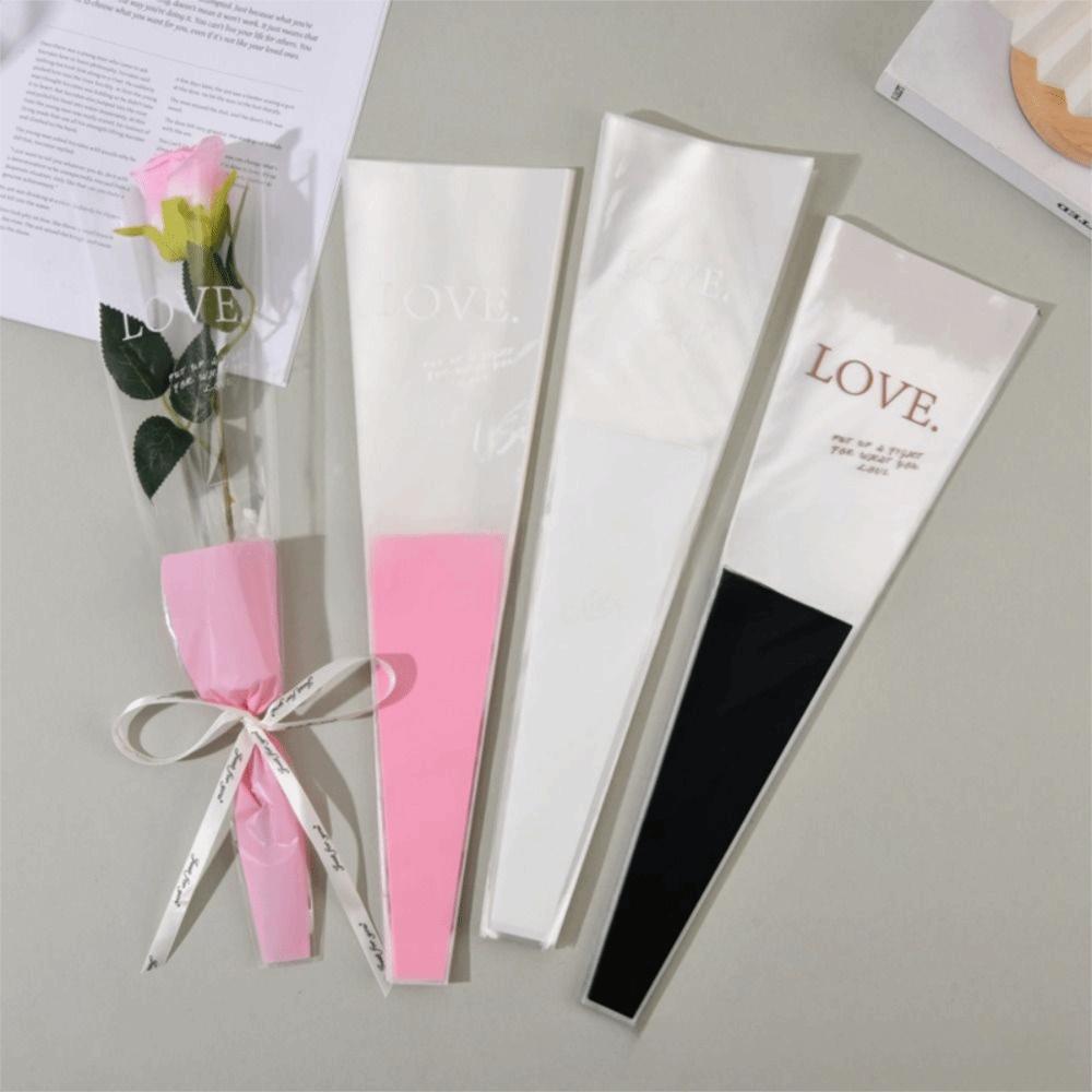 50Pcs Transparent Flower Packaging Bag Love Single Rose Sleeves Creative Bouquet Wrapper  Wedding
