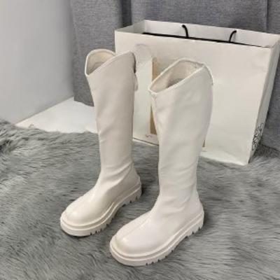 Botas largas de media pantorrilla pequeñas marrones con parte inferior gruesa, zapatos de mujer, nuevas botas de caballero blancas de verano para primavera y otoño