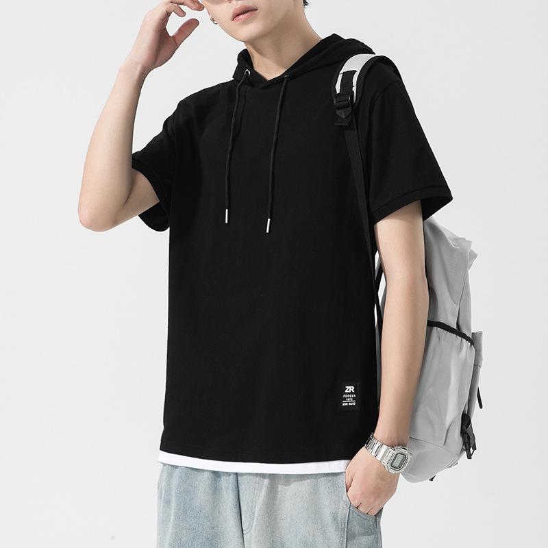 

Мужская однотонная хлопковая футболка с капюшоном и короткими рукавами Kunhai Pengyun: Модный американский дизайн из двух частей L