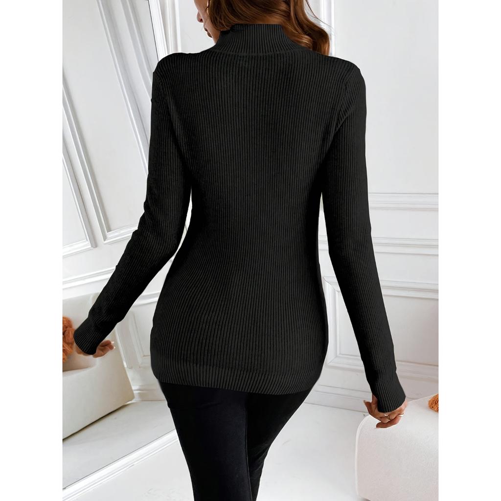 Solid Color Mock Neck Fleece Sweater, Elegant Long Sleeve Thermal Pullover Sweater, Women's Clothing