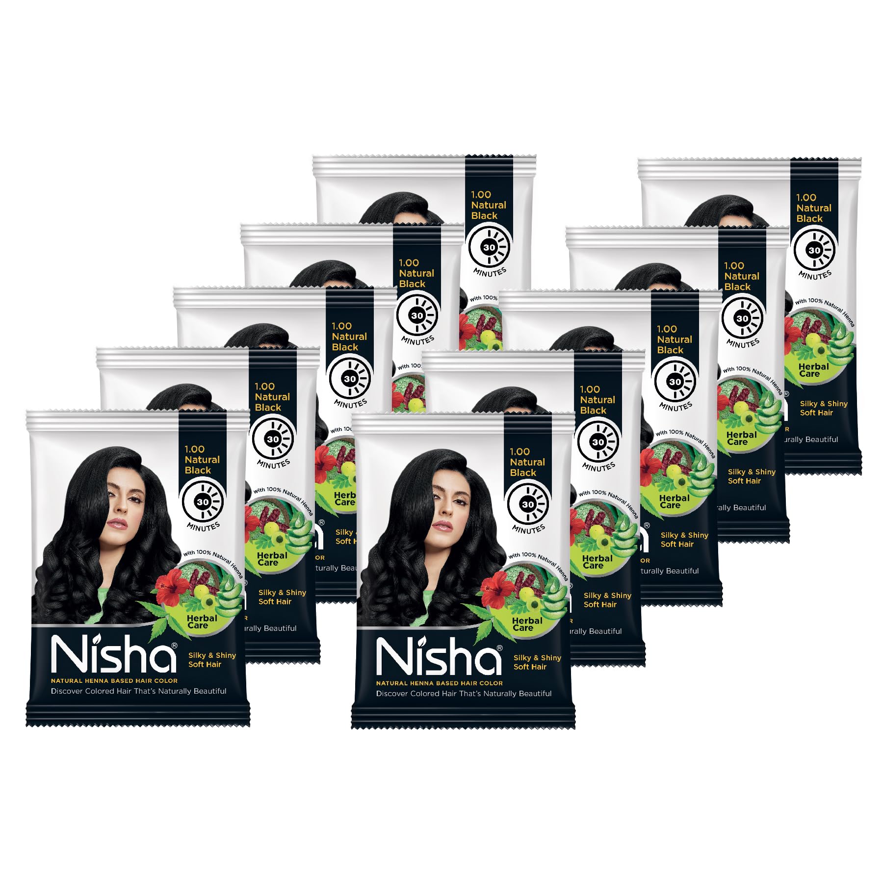 Nisha Black Hair Color Dye 10gm Natural Black Color Hair Henna (pack of 10) with 1 Hair dye Brush Natural Black (Natural Black, 10gm Pack of 10)