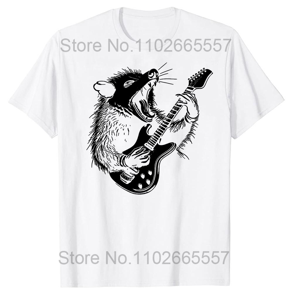 Possum Playing Electric Guitar Animal Music Musician T Shirts Summer Raccoon Rat Cotton Streetwear Birthday Gifts Tshirt Unisex