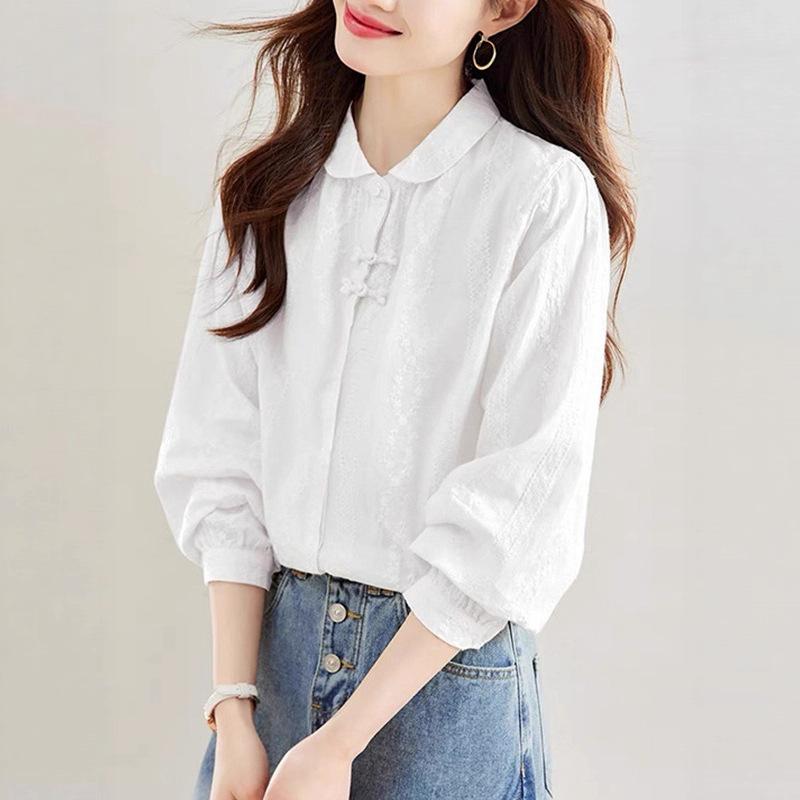 Women Embroidered Stand Collar Long Sleeve Shirt New Chinese Style Elegant Blouse S белый