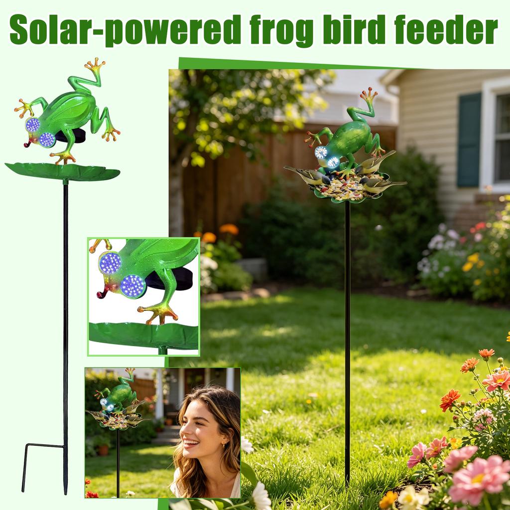 Solar Powered Frog Garden Stake with Bird Feeder and Decorative Leaf Platform Outdoor Yard Ornament for Lawn Patio and Garden