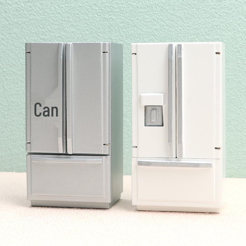 1:12 Dollhouse Miniature Kitchen Double-Door Refrigerator in White/Silver-Gray
