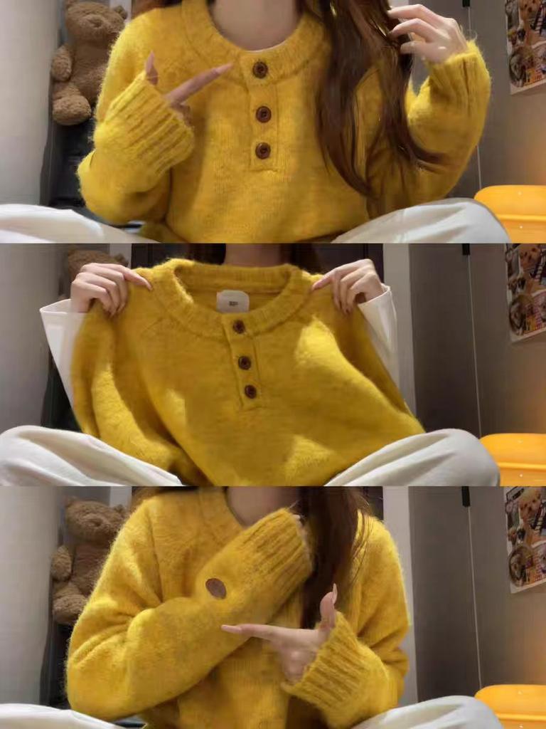 Large Version Thickened Soft Waxy Sweater Women's Semi-open Neck Button-knitted Sweater Autumn and Winter Loose Inner Long-sleeved Lazy Top