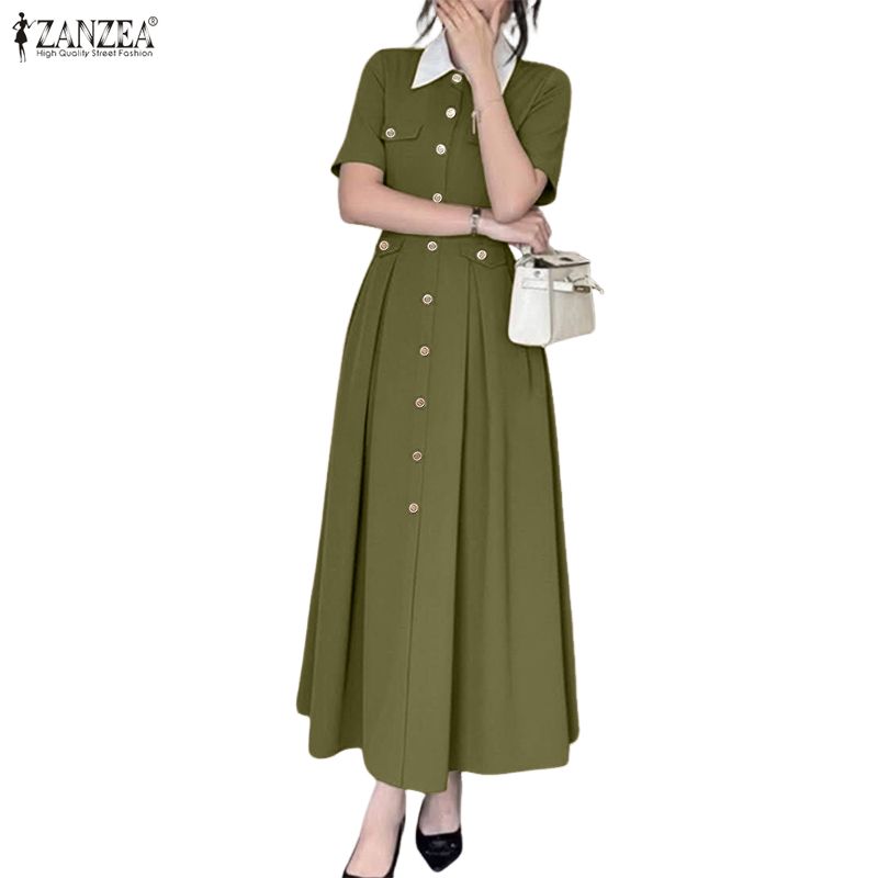ZANZEA Kadın Günlük Devrik Yaka Yazlık Kısa Kollu Uzun Elbise