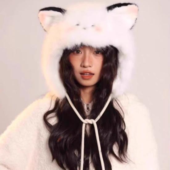 Women Hat Knitted Windproof Warm Winter Lei Feng Hat Cartoon Cat Shape Elastic Solid Color Thermal Cap