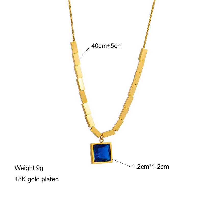 Luxury Titanium Steel Necklace with Square Blue Crystal Pendent
