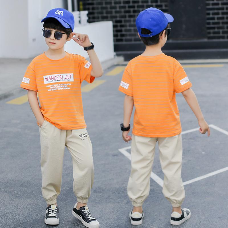 

Летний костюм для мальчиков, детский костюм из двух предметов в полоску, укороченные брюки с короткими рукавами, летняя корейская версия 160cm оранжевый