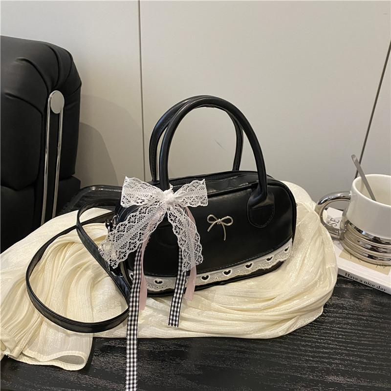 Simple Solid Color Silver Bow And Lace Decoration Women Casual Shoulder Bag For Daily Use