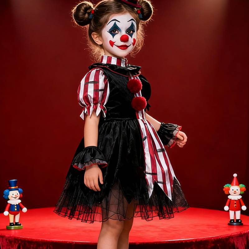 Polyester Halloween Costume For Girls With Clown Mask And Stage Accessories For Kids Halloween Party