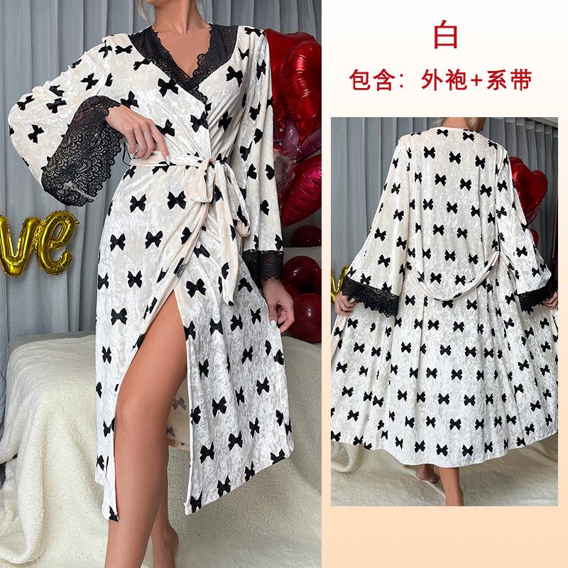 Hot autumn and winter velvet women s nightgown sexy lace cardigan homewear bathrobe pajamas S
