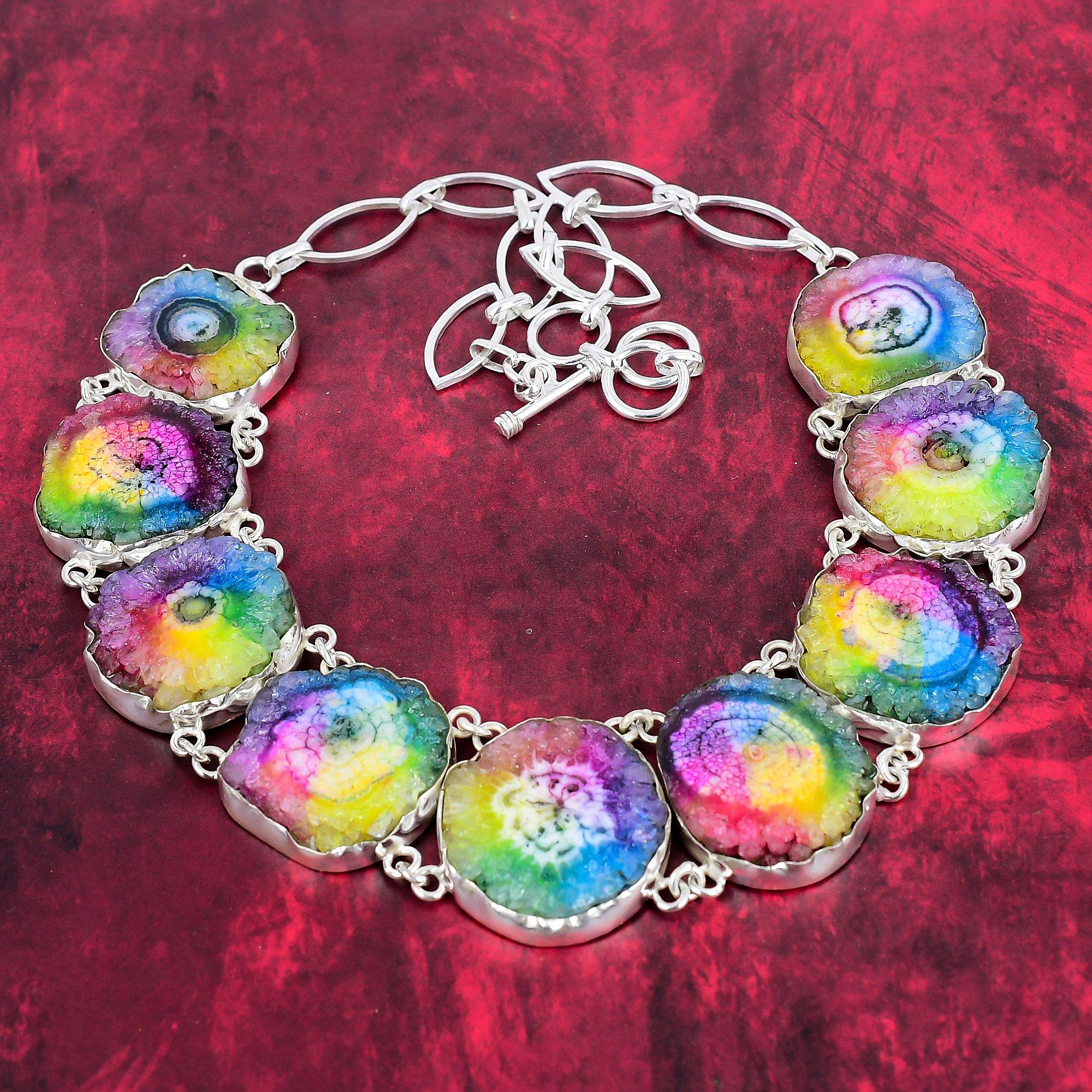 

Радужные солнечные друзы, ожерелье из драгоценных камней, ювелирные изделия ручной работы, регулируемая цепочка из стерлингового серебра 925 пробы, красивые ювелирные изделия Adjustable with 18 inches синий