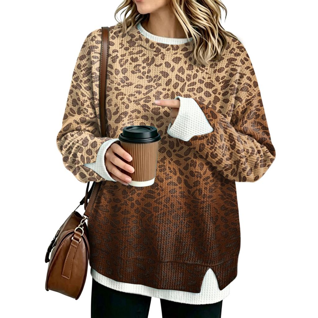 Women's Fashion Flannel Round Neck Two-Piece Leopard Print Top for Casual Everyday Wear