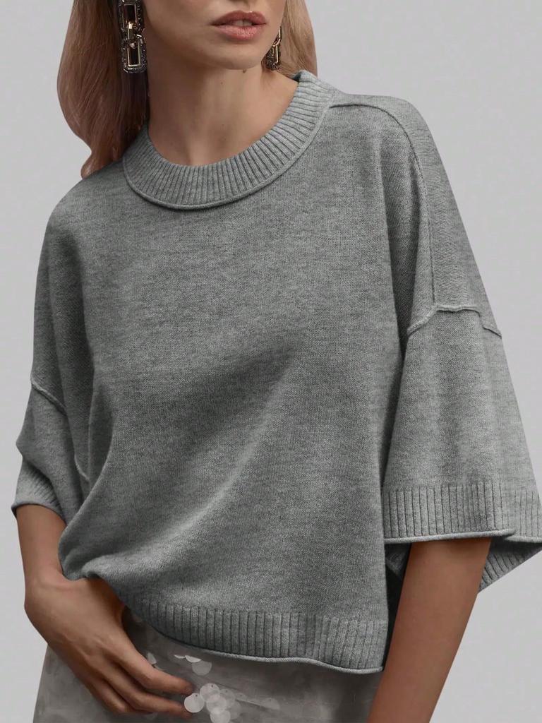 Women's Oversized Cropped Knit Sweater Short Sleeve Crew Neck Lightweight Summer Top