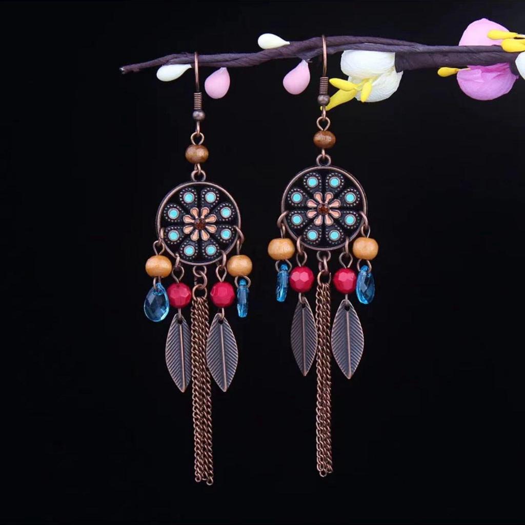 Bohemian Turquoise Owl Dream Catcher Tassel Earrings for Women