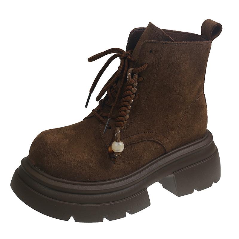 

Осенне-зимние замшевые короткие ботинки в литературном и ретро стиле, на толстом каблуке, увеличивающие рост, ботинки Мартин, женские повседневные ботинки с круглым носком на шнуровке 40