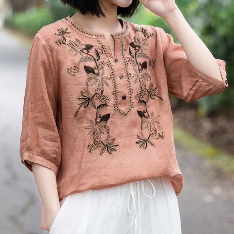 Women's Fashion Embroidery Spliced Solid Color V-Neck Shirt Summer Female Clothing New Vintage Loose Casual Half Sleeve Blouse