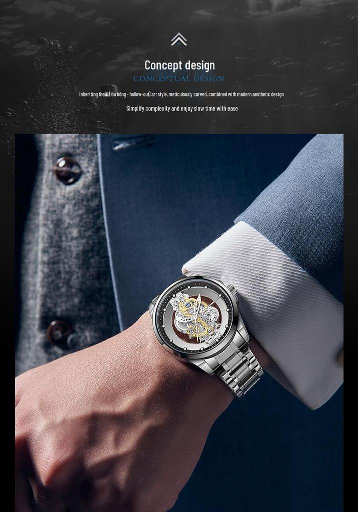 Jindun Double-Sided Transparent Hollow Waterproof Luminous Men's Quartz Watch