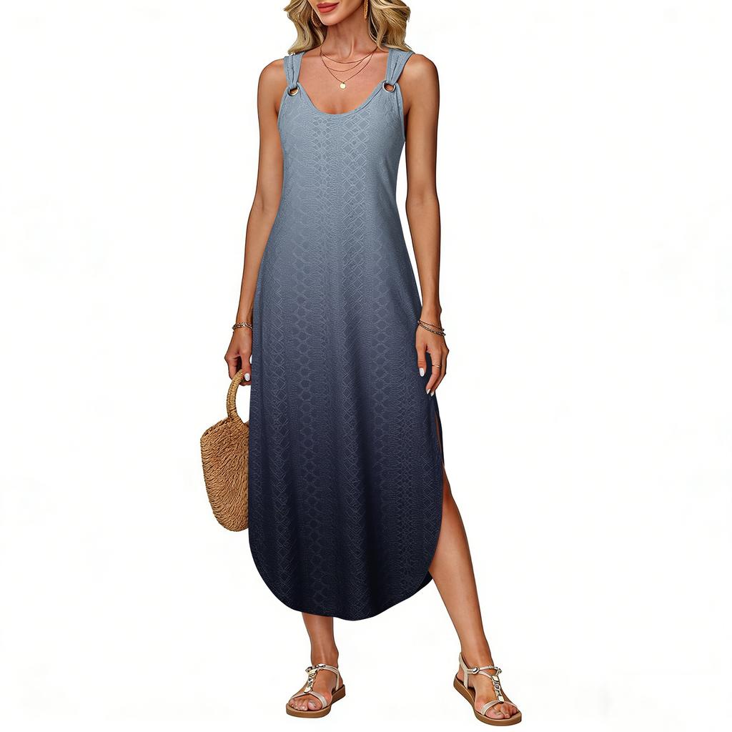 Women's Summer Long Dress, Sleeveless with Side Slits, Long Gradient Vest Dress