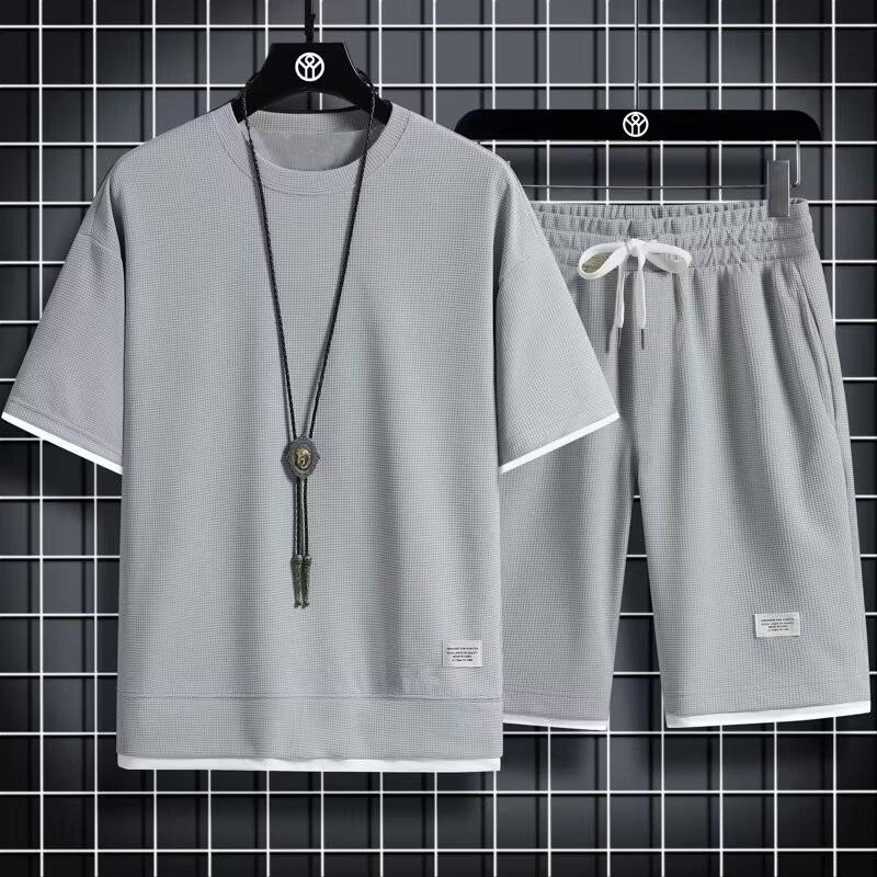 Men's Korean-Style Waffle Summer Casual Shorts and T-Shirt Set