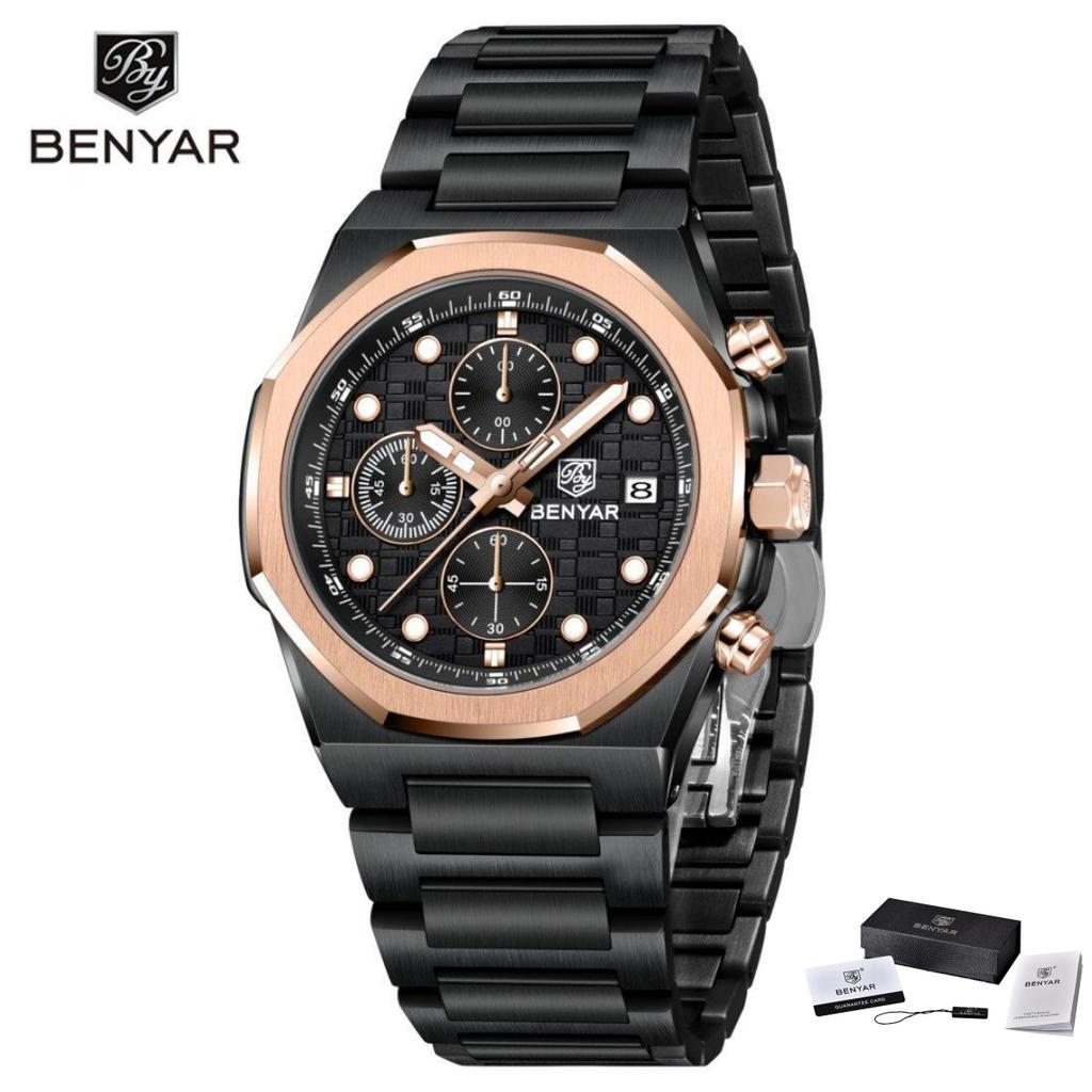 Benyar Multifunctional Men's Quartz Watch Stainless Steel Strap Alloy Case Chronometer 30M Waterproof Luminous Wristwatch