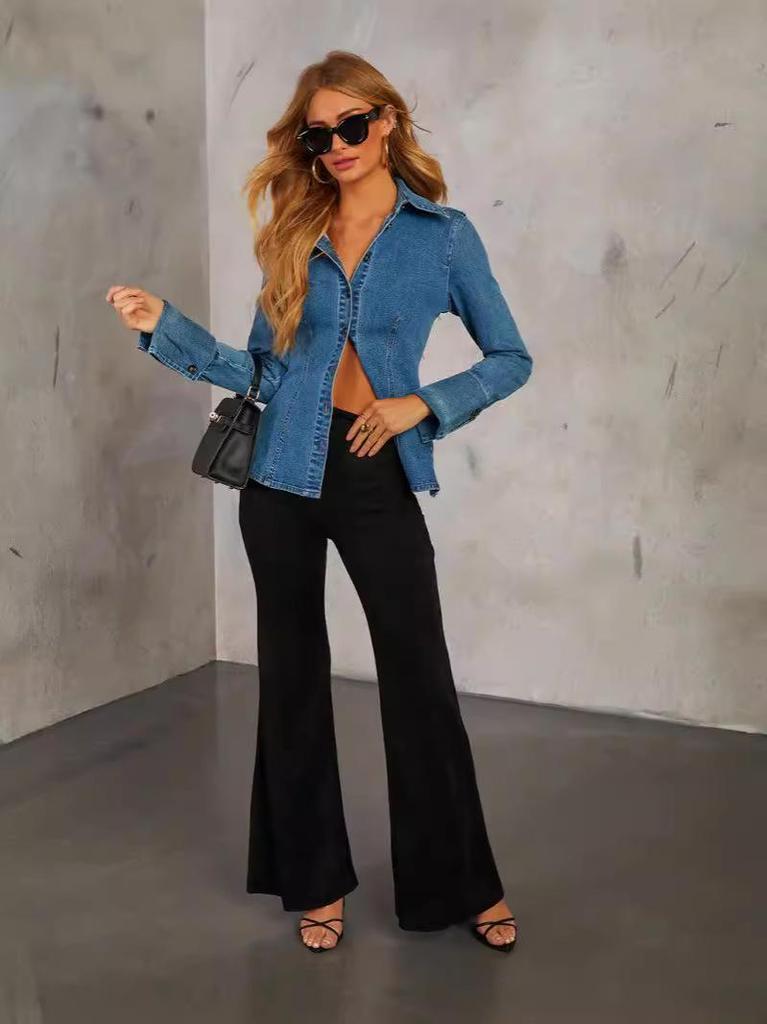 Women's European-American Denim Shirt - Autumn Casual, Lapel, Single-Breasted, Long Sleeve
