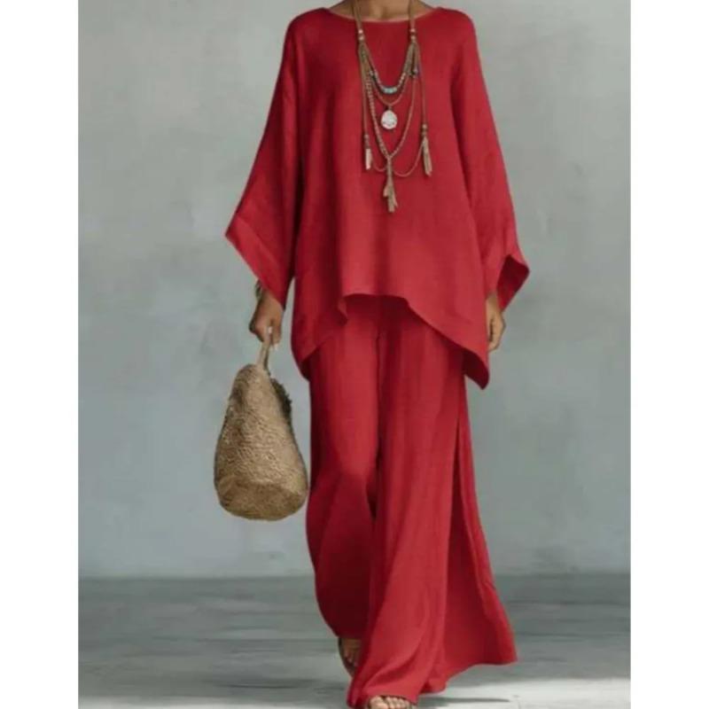 Fashion Linen Loose Long-sleeved Wide-leg Trousers 2-piece Set Women Spring Casual Retro Elegant Female Simple Trousers Suit