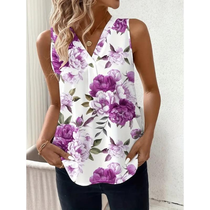Summer Women's Camisole Vest Casual Round Neck Pullover Digital Print Tops Camisole