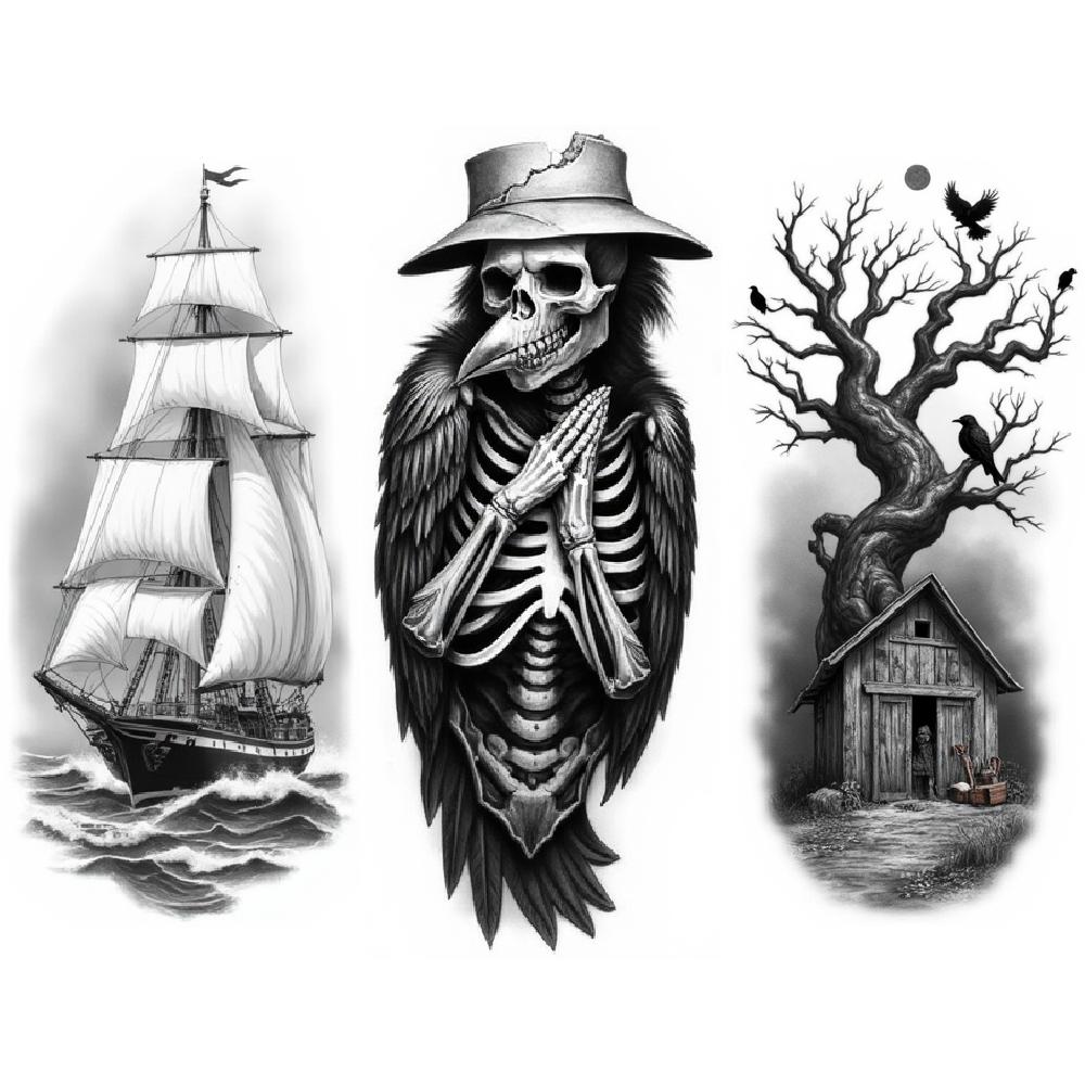 3pcs Temporary Tattoo Waterproof Long-lasting Body Stickers Grim Reaper Gothic Cage Skeleton In Hat For Arms Women Men