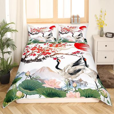 Kranich Bettwäsche Set Mädchen Kirschblüte Fuji Berg Sonne Bettbezug Kinder Frauen Lotus Blumen Bettbezug Aquarell Dekor