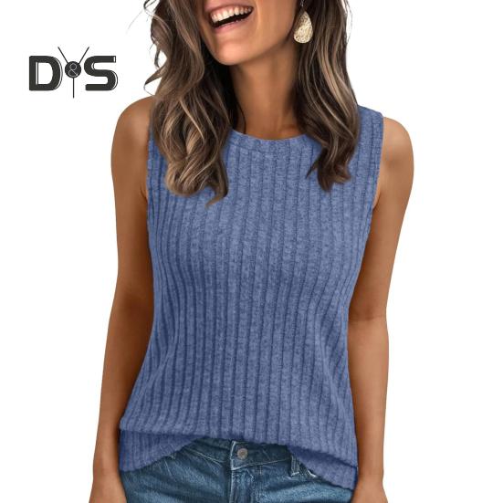 Women Tops Round Neck Sleeveless Slim Fit Knitted Tops Solid Color Elastic Ribbed Tank Tops Daily Wear