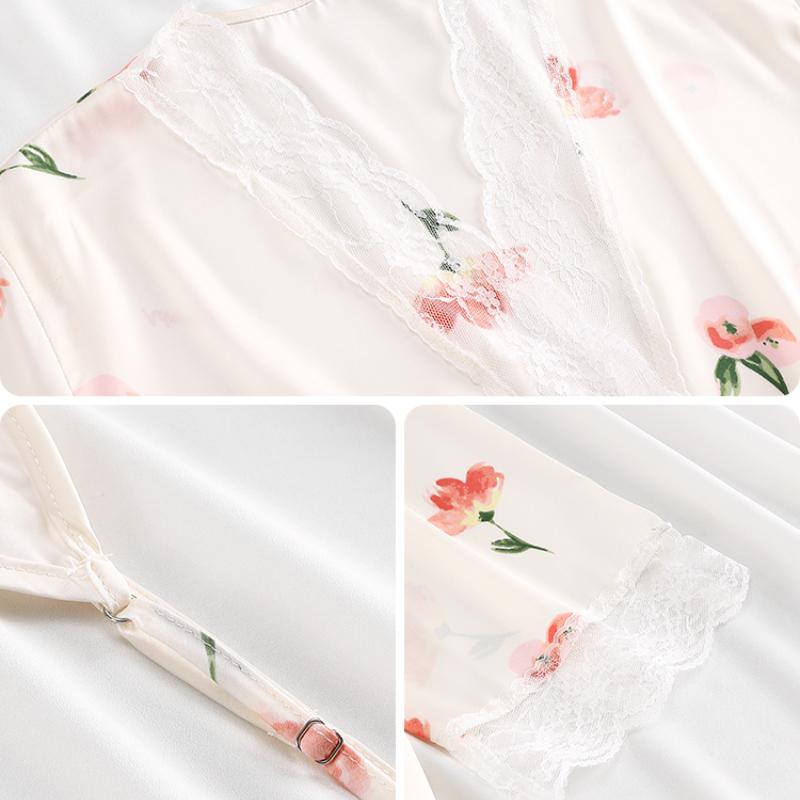 Floral Faux Satin Pajama Set for Women Slim Half Sleeve Robe with Halter Top and Lace Shorts Sexy 3 Pieces Pajamas Set Korea