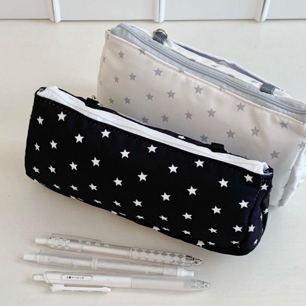 Printed Pencil Storage Bag Striped Zipper Stationery Pouch Trendy Star Pencil Case  Back To School