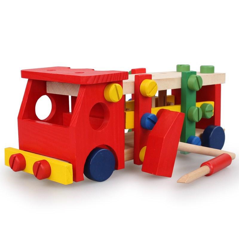 Wooden Disassembly and Assembly Nuts Cart, Assembled Ball-kicking Cart Platform Tool Cart, Wooden Children's Combination Toy