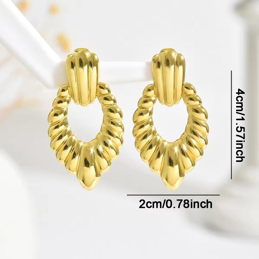 Vintage Fashion Chunky Jewelry 18K Gold Stainless Steel Square Striped Leaf Heart Stud Earrings for Women