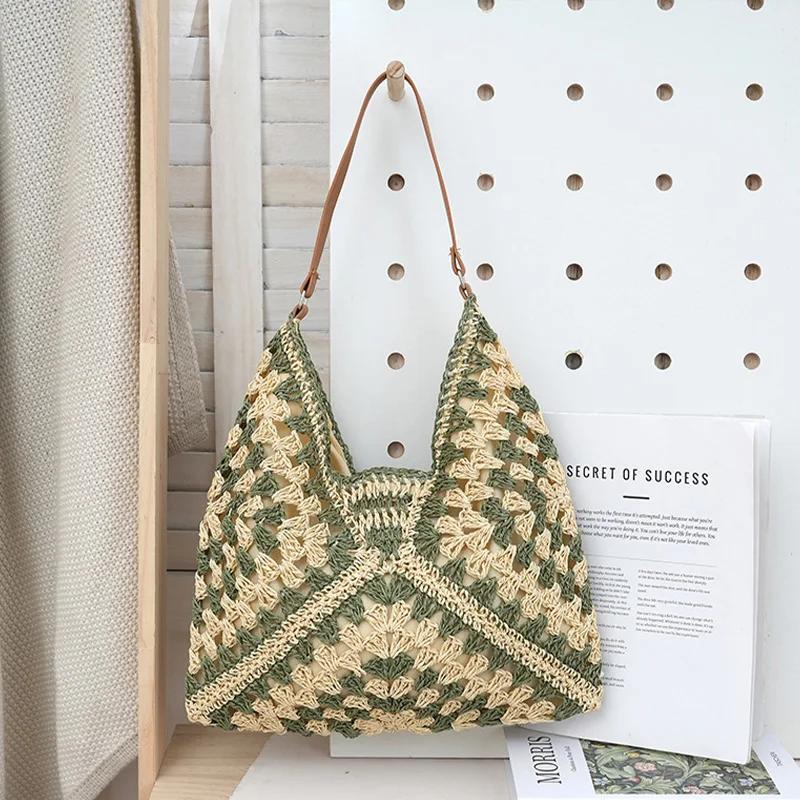 Hollow Out Woven Shoulder Bag Fashi Versatile Bohemian Beach Vacati Handbag Color-blocked Design Women's Underarm Bag