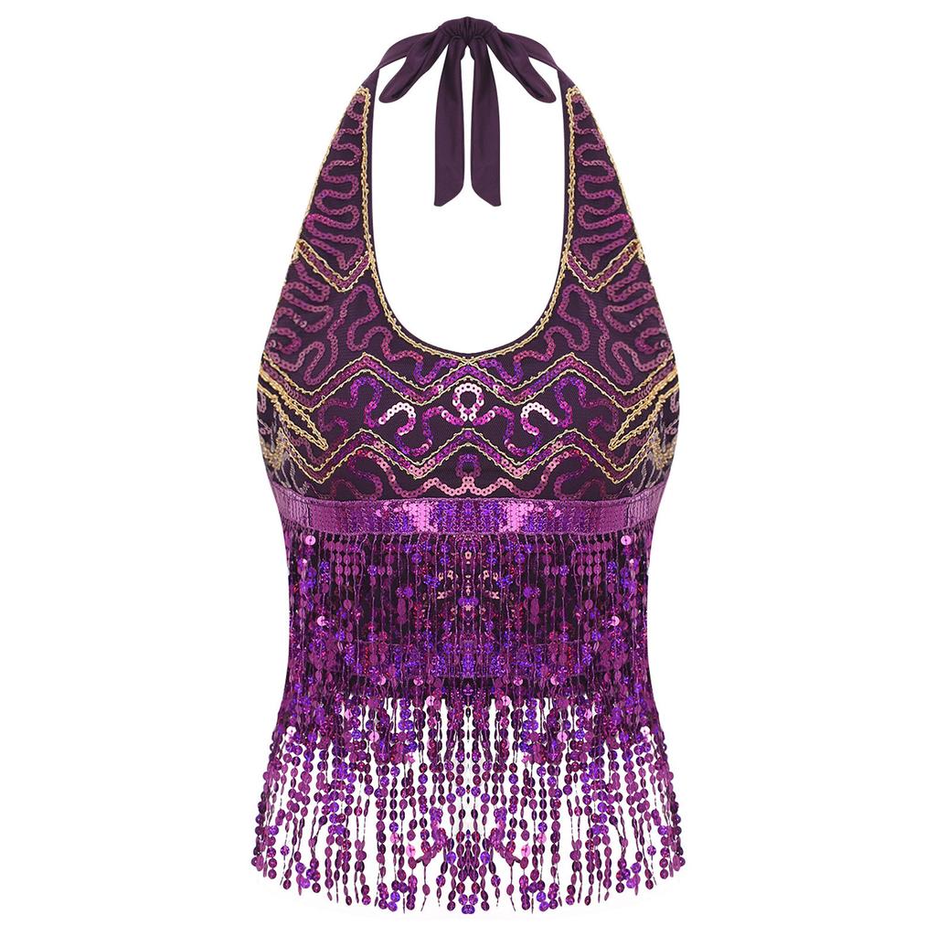 Essential Training Top for Belly Dancers: Supportive Halter Crop Top with Sequins, Lace-up Back & Tassel Details