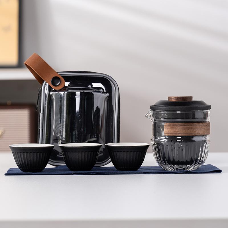 Modern simple Kung Fu travel tea set, glass filter, one pot, three cups set, high-end business commemorative gift