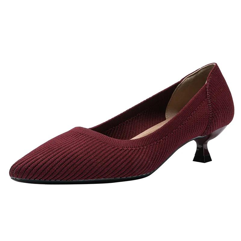 Pointed Toe Solid Color Stretch Knitted Shoes Pumps Slip On Sole Low Heels Breathable Loafers Women Mesh Shallow Sock Shoes