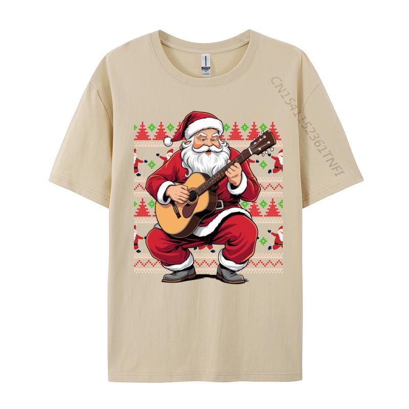 Santa Playing Guitar Funny Christmas Classic Guitar Santa T-Shirts Autumn 100% Cotton Top T-Shirts Student Tee Shirts