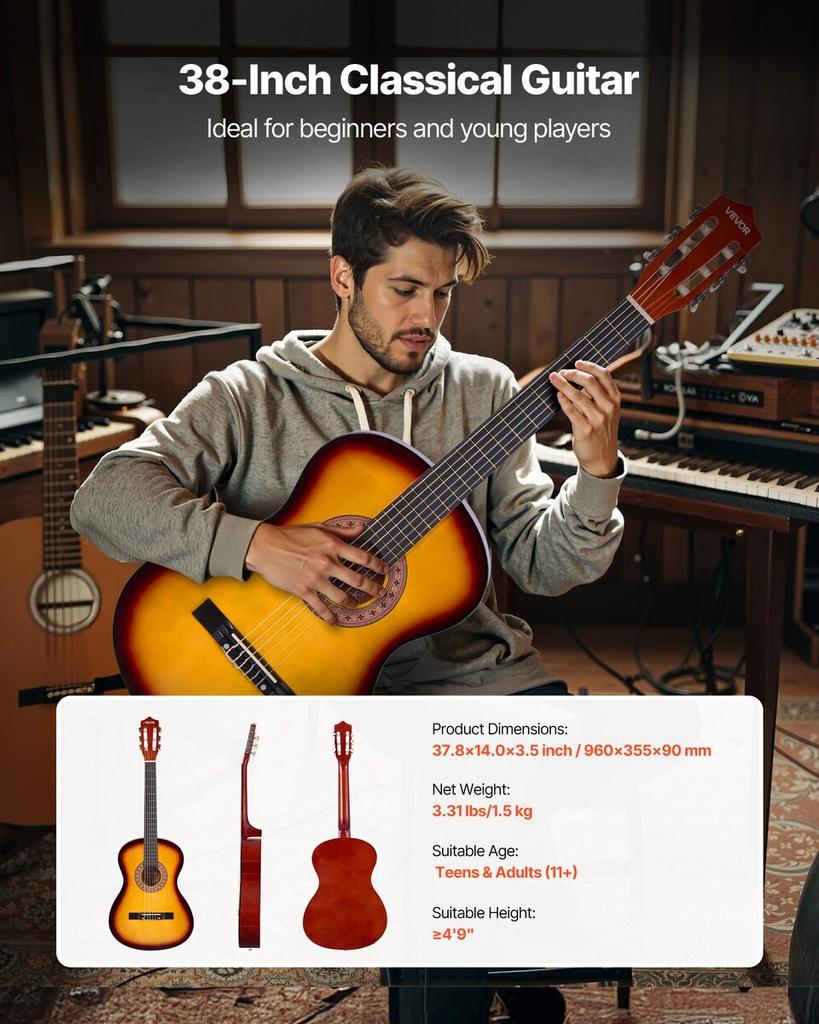 Classical Guitar, 960 mm, Wood Classical Guitar Starter Kit for Beginners, with Nylon Strings, Gig Bag, Strap, Tuner, Extra Strings, Pick, Capo,