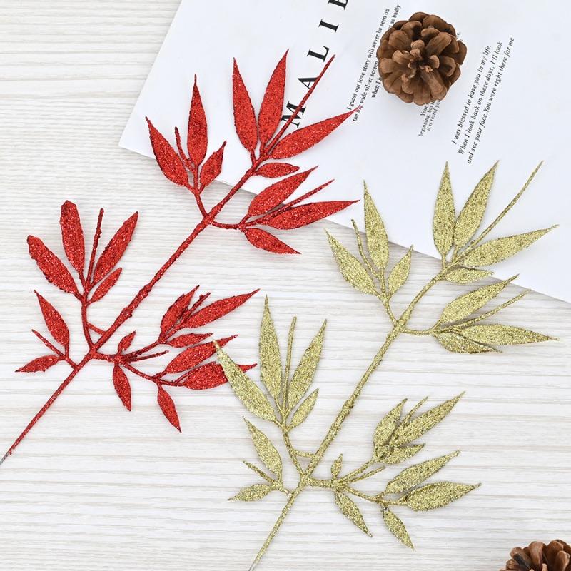 Gold powder small bamboo leaf Christmas flower Christmas tree decoration, gold powder leaf hot plastic gold powder leaf
