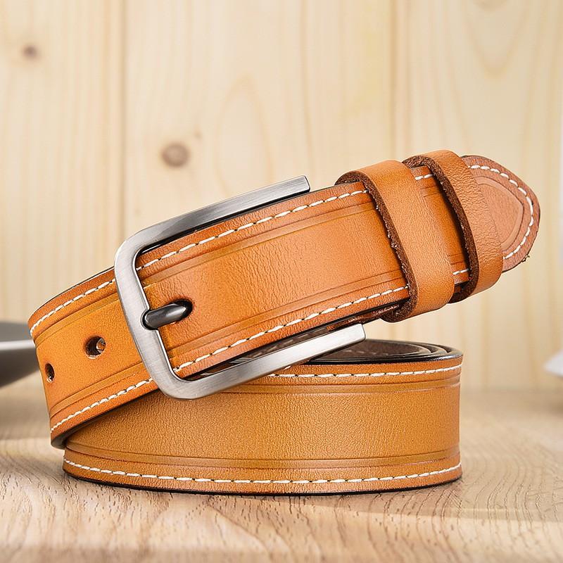 Womens Genuine Leather Belt With Stitched Edge Alloy Pin Buckle Slim Casual Waistband Pants 2.5cm Width