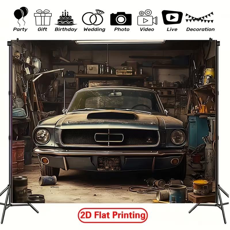 2D Garage Muscle Car Photo Backdrop Men Birthday Decor Cloth