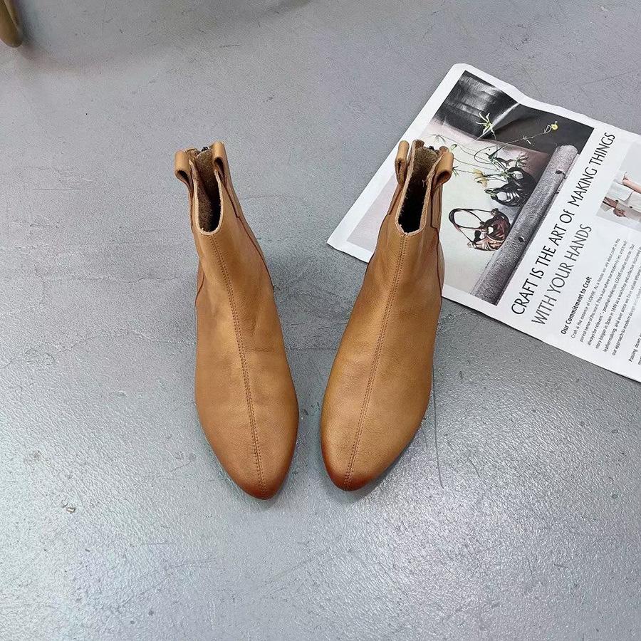 Johnature Retro Women Short Boots Genuine Leather Solid Color Shoes Handmade Round Toe Back Zipper Ankle Boots