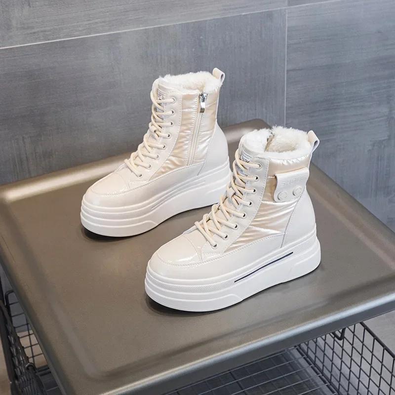 Fashion Top Quality 9cm Genuine Leather Autumn Winter Motorcy Ankle Boots Cross Tied Keep Warm Thick Bottom Zip Comfy Plush Spring Shoes