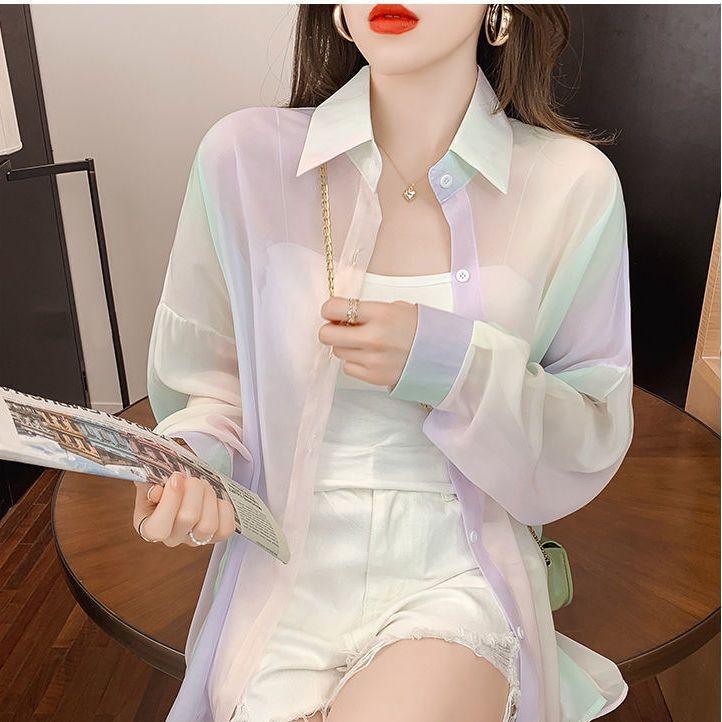 Îmbrăcăminte pentru femei, șifon, vopsit în croială, cu un singur rând de nasturi, cusături deschise, guler polo, curcubeu, casual, subțire, primăvară-vară, îmbrăcăminte pentru femei, tineret, mărime mare