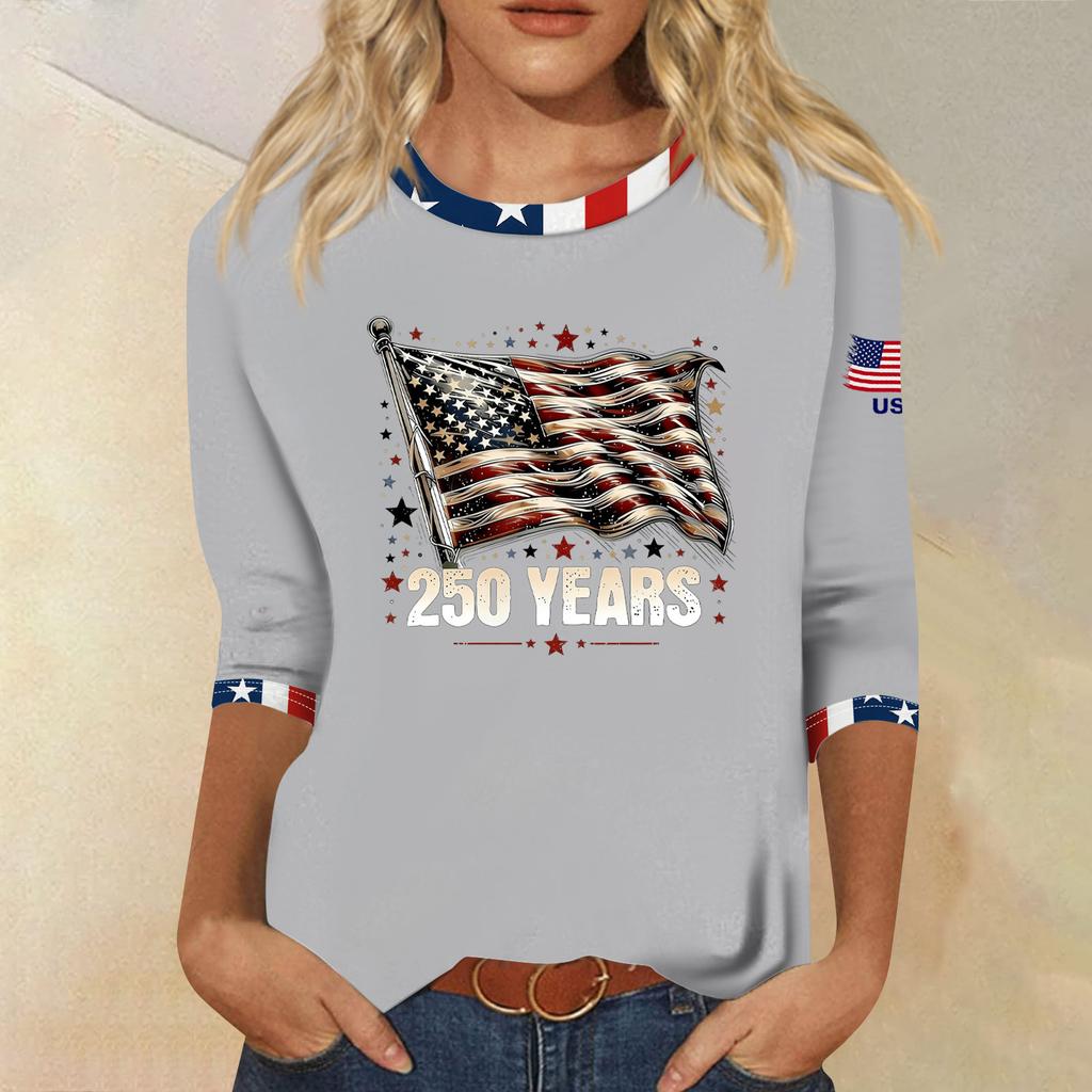 Women's Fashion Casual Seven-Sleeve Independence Day Print Round Neck Top